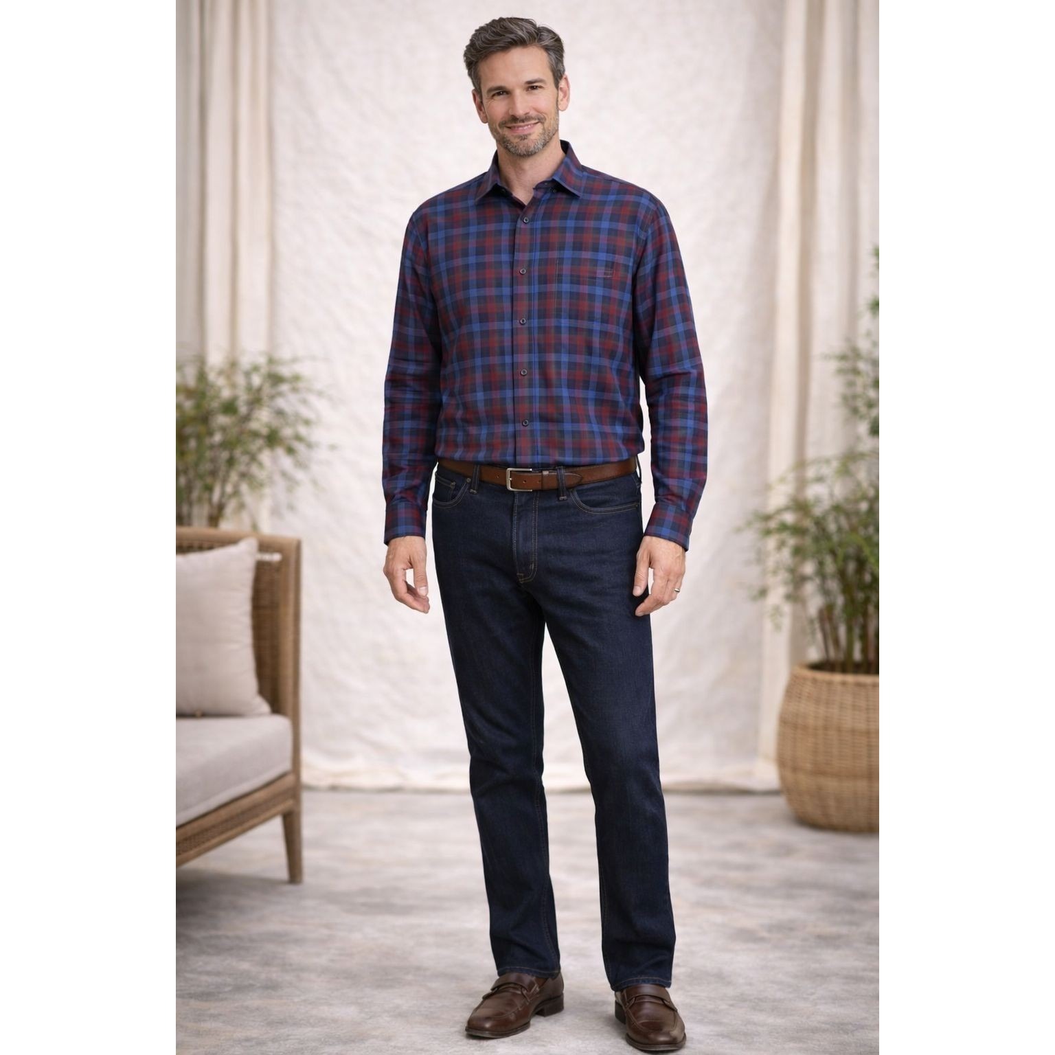 St Croix Shirt Men's Large Plaid Blue Red Long Sleeve Button Front Italy Made